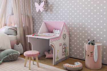 Детский стол Домик MK-0017 Белое дерево/розовый