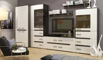 Стенка-горка в гостиную Виго со шкафом Венге Белый глянец