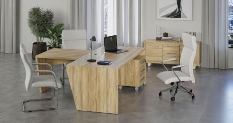 Стол руководителя с опорной тумбой, левый Corner COR.SRT-18(L) Гикори Песочный Ваниль