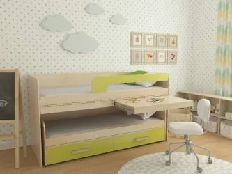 Кровать 2х ярусная №11 с ящиками и столами Дуб молочный/Лайм