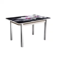 Стол раздвижной 1,55 Победа, СТЕКЛО, опоры полуовал ХРОМ, Беленый дуб/Р041 / дуб/R041