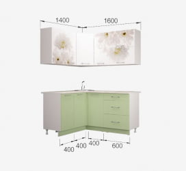 Угловая кухня Флоренс ГРИН угловой, 1.4*1.6м, МДФ белый гл/зеленый суперматовый ПФ №182 (б/с 800)