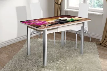 Стол нераздвижной с ящиком 1,2 Победа, СТЕКЛО, опоры полуовал ХРОМ, Беленый дуб/R006