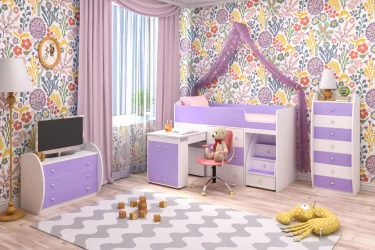 Кровать чердак Малыш Белое дерево/Ирис