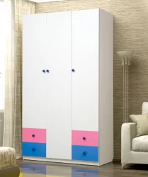 Шкаф 3-х дверный с ящиками Радуга Белый/Ярко-розовый/Синий