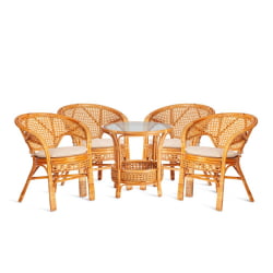 Комплект ПЕЛАНГИ 02/15 ( стол со стеклом + 4 кресла ) [с подушками] ротанг, кресло 65х65х77см, стол диаметр 64х61см, Хоней (мед) / PELANGI Honey