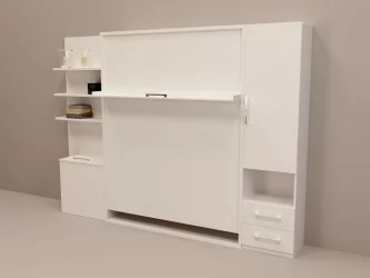 Двуспальная кровать с подъёмным механизмом Смарт 1 с полками 1400 левый Белая шагрень