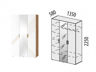 Шкаф трехдверный с зеркалом (лев/прав) Монако 903.12 Дуб Вотан / Белый шпон / Альпийский белый