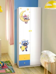 Шкаф 2-х дверный с ящиками и фотопечатью Совята 2.1 Белый/Оранжевый/Желтый