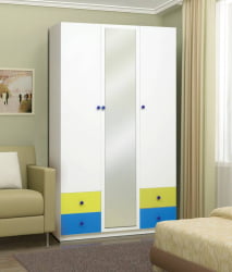 Шкаф 3-х дверный с ящиками и зеркалом Радуга Белый/Оранжевый/Желтый