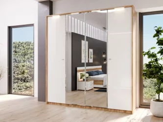 Шкаф четырехстворчатый с двумя зеркалами Фиджи 008 Дуб Золотой Белый