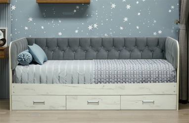 Кровать с продольной мягкой спинкой Софа №14.1 (900х2000) Дуб Сонома светлый Велюр 017