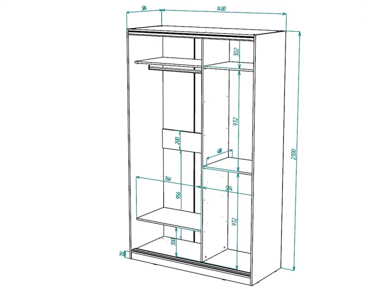 Шкаф-купе 2-х дверный Виктория 1400х584х2300, Белый 14ДЗДЗ-ПШ-Б 310-113_2