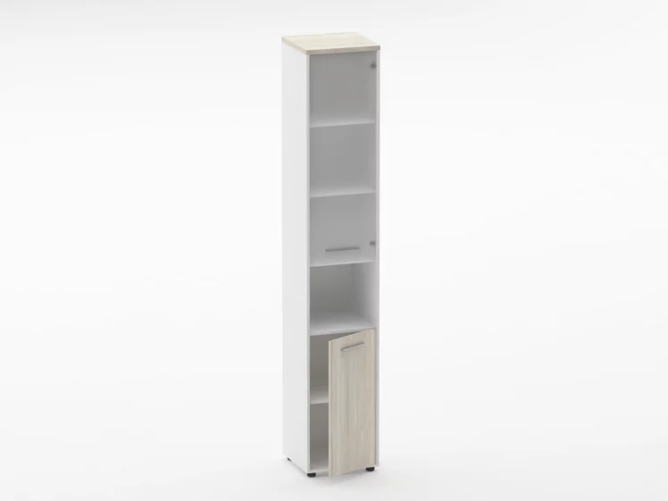 Шкаф 5 узкий верх стеклянная дверь, низ закрытый, с нишей Deka 10.23.18Пр Дуб Сантана светлый/Белый_1