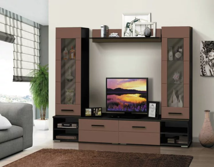 Набор мебели для гостиной Грация 1.5 МДФ глянец Венге/Смола черная_0