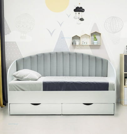 Кровать с продольной мягкой спинкой Софа №12 (800х1600) Ясень Анкор светлый Велюр 338_0