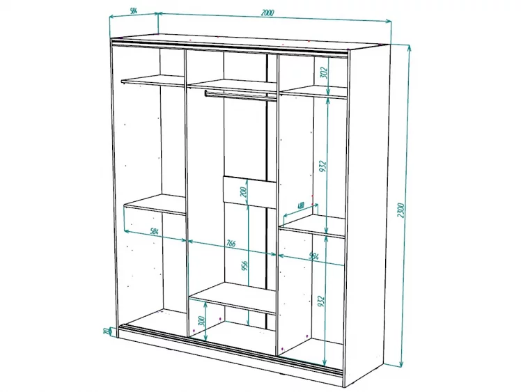Шкаф-купе 3-х дверный Виктория 2000х584х2300, Бодега светлая 20ДЗДЗДЗ-ЯЯПП-Бс 310-3307_2