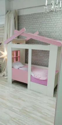 Кровать Теремок без ящика Белая-Розовая_0