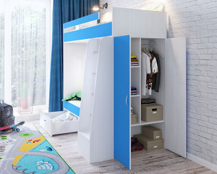 Кровать двухъярусная Юниор-6 Белое дерево Голубой_1