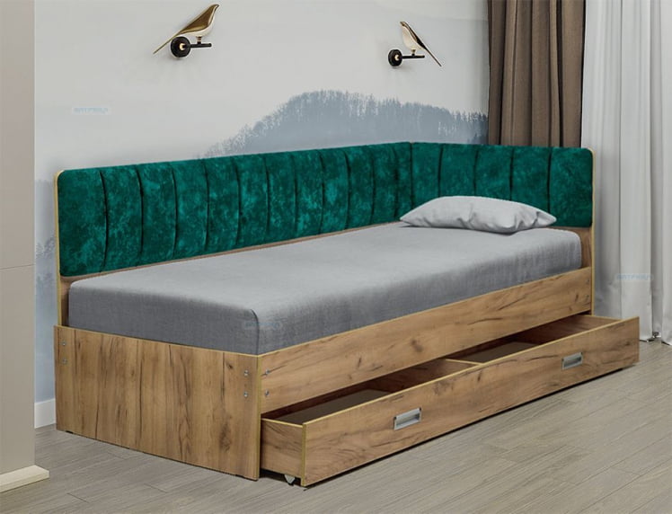 Кровать с продольной мягкой спинкой (правая) Софа №15 (900х2000) Дуб Крафт белый Велюр 729_0