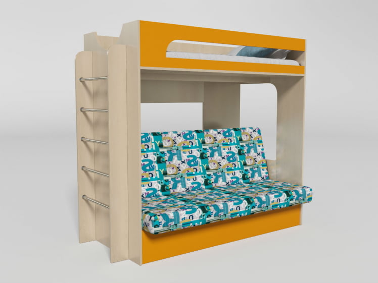 Кровать 2х ярусная №9 с диваном-кроватью Дуб молочный/Манго_0