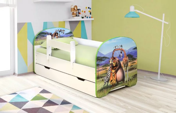 Кровать детская с фотопечатью с 1 ящиком 800*1600 Мадагаскар_1