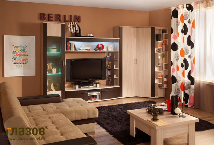 Гостиная композиция 6 Berlin Ясень Шимо светлый/Шоколад Глянец_0