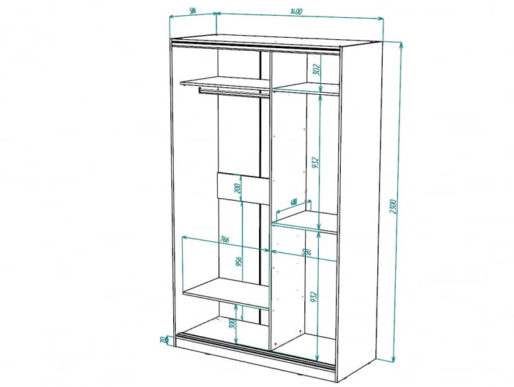 Шкаф-купе 2-х дверный Виктория 1400х584х2300, Белый 14ДЗЗЗДЗЗЗ-ПЯ-Б 310-194_2