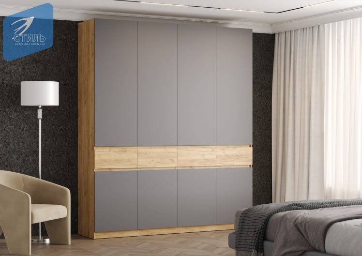 Шкаф 4створчатый Бостон ШК-004 Дуб крафт золотой/Шифер серый_0