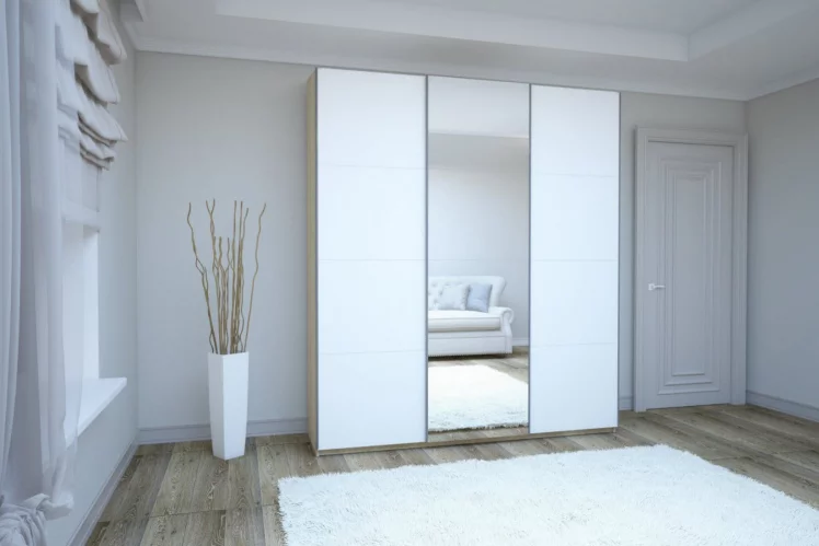 Шкаф-купе трехдверный Прайм 2100 Белое стекло/Зеркало/Белое стекло Дуб сонома_4