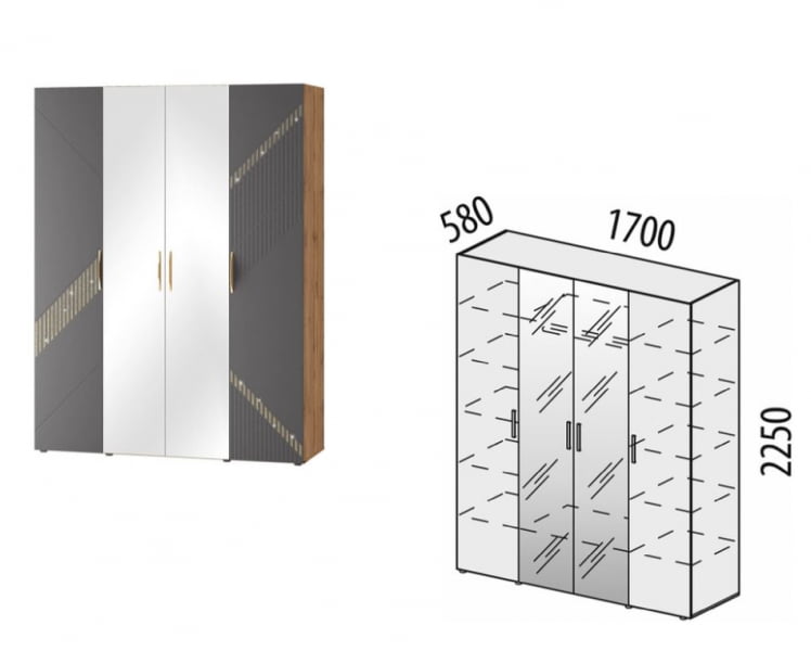 Шкаф четырехдверный с зеркалом (лев/прав) Монако 902.14 Дуб Вотан Графит_1
