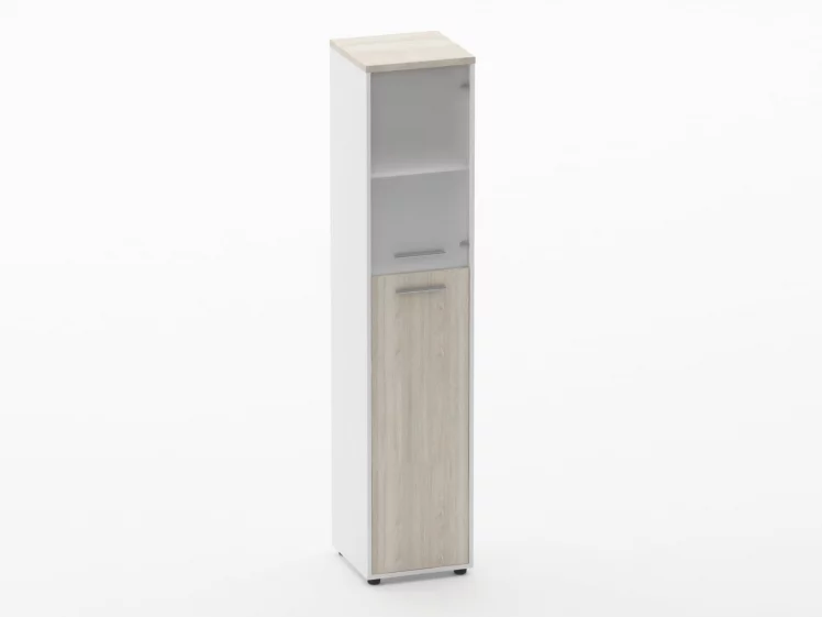 Шкаф 4 узкий  верх стеклянная дверь, низ закрытый Deka 10.19.19Пр Дуб Сантана светлый/Белый_0