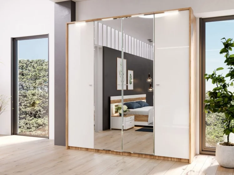 Шкаф четырехстворчатый с двумя зеркалами Фиджи 008 Дуб Золотой Белый_3