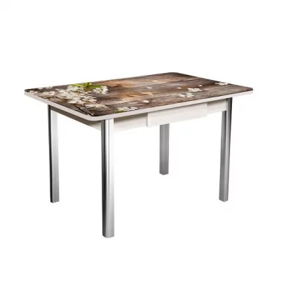 Стол нераздвижной с ящиком 1,2 Победа, СТЕКЛО, опоры полуовал ХРОМ, Беленый дуб/128947691_78939_0