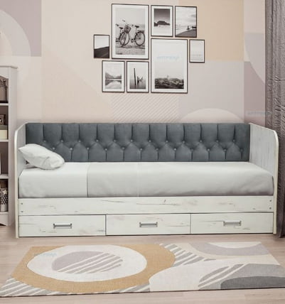 Кровать с продольной мягкой спинкой Софа №14 (900х2000) Дуб Крафт серый Велюр 016_0