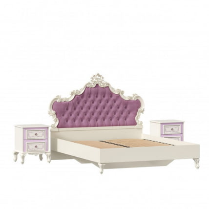 Кровать двуспальная 1600 с тумбами с подъемным механизмом с мягким изголовьем Маркиза 08 Алебастр Сиреневый_2