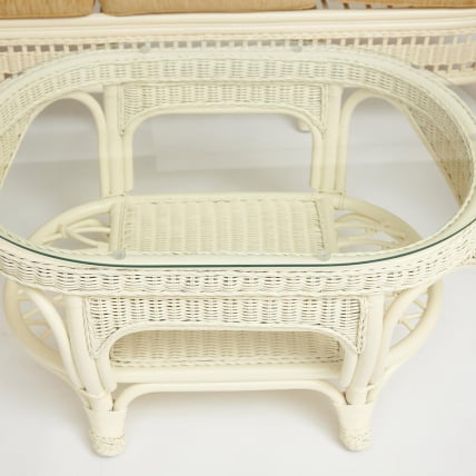 Комплект для отдыха MICHELLE ( стол со стеклом+ диван + 2 кресла + подушки) TCH White (белый), Ткань рубчик, цвет кремовый_4