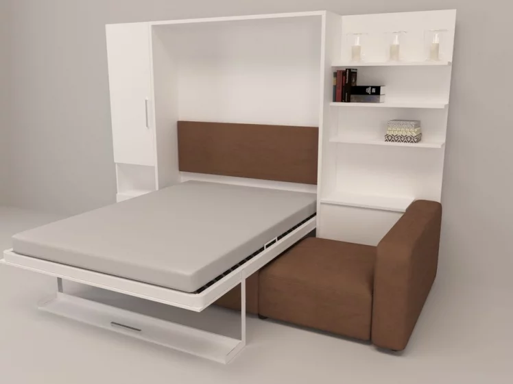 Шкаф-диван-кровать Смарт 1 левый с полкой и пуфом 1400 Дуб молочный_1