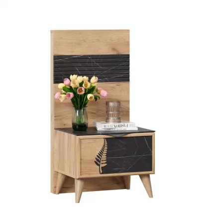Тумба прикроватная Шелли левая с декоративным щитом Камень Пьетра чёрный_0