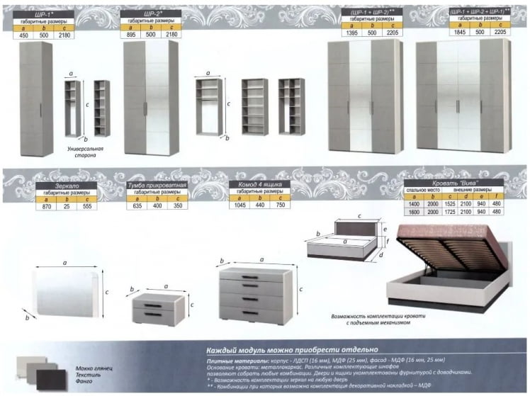 Комплект мебели для спальни Вива №02 Фарго Мокко глянец_1