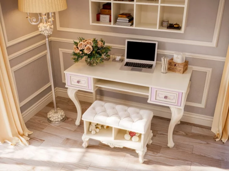 Стол письменный с полкой навесной и банкеткой Маркиза 04 Алебастр Шампань_6