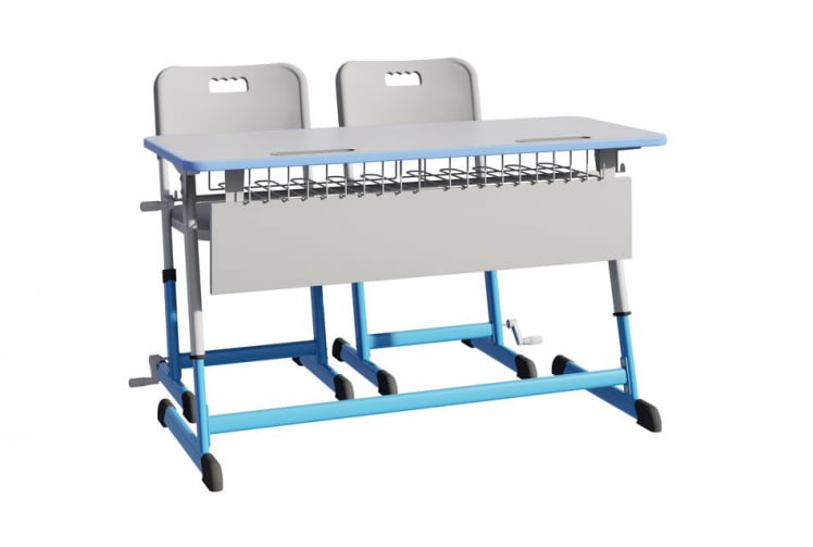 Парта двухместная НОМАД В с ручной регулировкой высоты  с антивандальной  полиуретановой кромкой (рост 4-6) Синий/Серый / NOMAD V_1